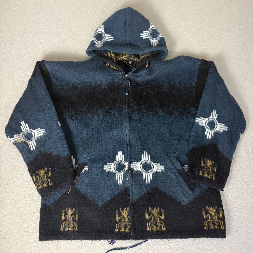 Tejidos Atahualpa Wool Hooded Jacket Blue Black Ecuador Southwestern Zip Up